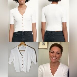 Sandro 'Cecil' Scalloped Short-Sleeve Cardigan in White-ASO Kate Middleton-L/XL